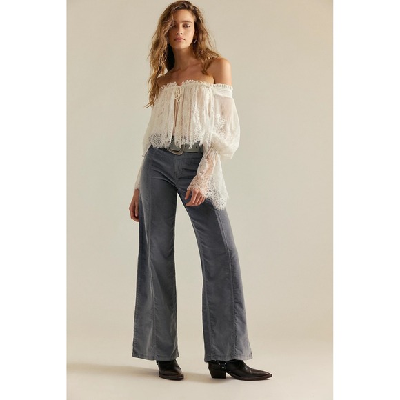 Free People Denim - We The Free People Libre Wide Leg High Rise Light Grey Corduroy Pants 28 NWT New